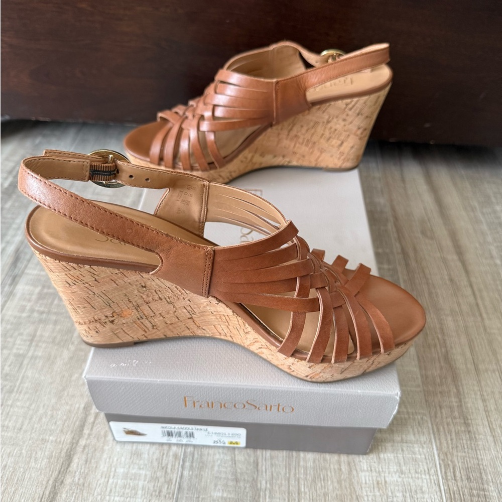 FRANCO SARTO “NICOLA” Wedge Sandals with Intricate Design in Saddle Tan